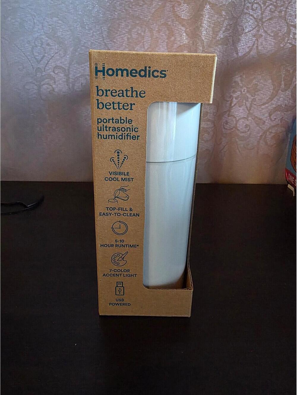 Homedics Portable Ultrasonic Humidifier- 7.7-Ounce — White —BNWT